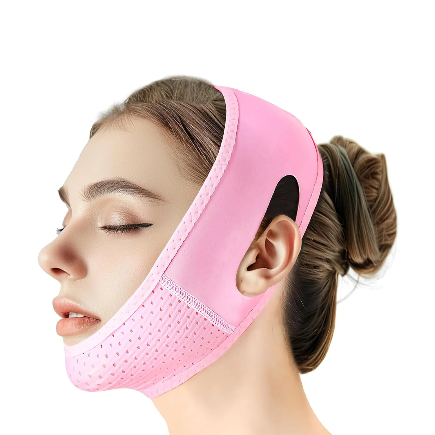 Reusable V Line Lifting Mask with Chin Strap for Sleeping, V Shaped Face Mask for Sagging, Jawline Shaper(Pink)