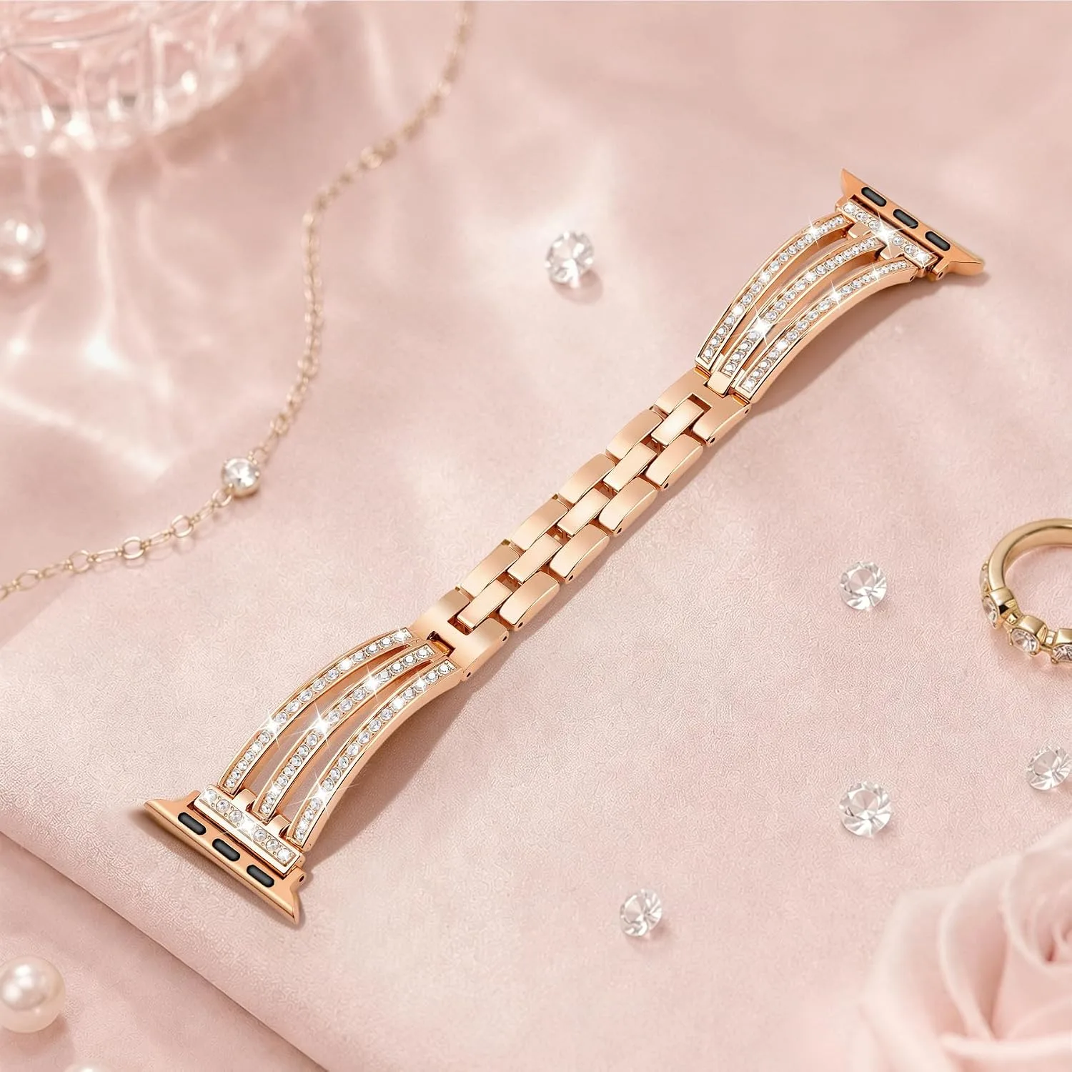 Newlibery Women Rose Gold Bling Metal Bracelet Band for Apple Watch