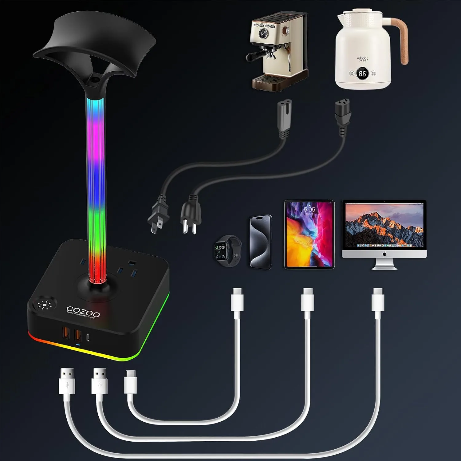 Headphone Stand with Charger for Desk, Gifts for Gamers Men, RGB Black