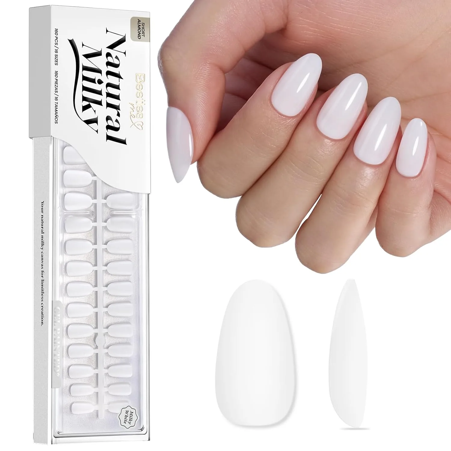 Beetles Milky White Press on Nails 160PCS, 16 Sizes Short Oval Nail Tips