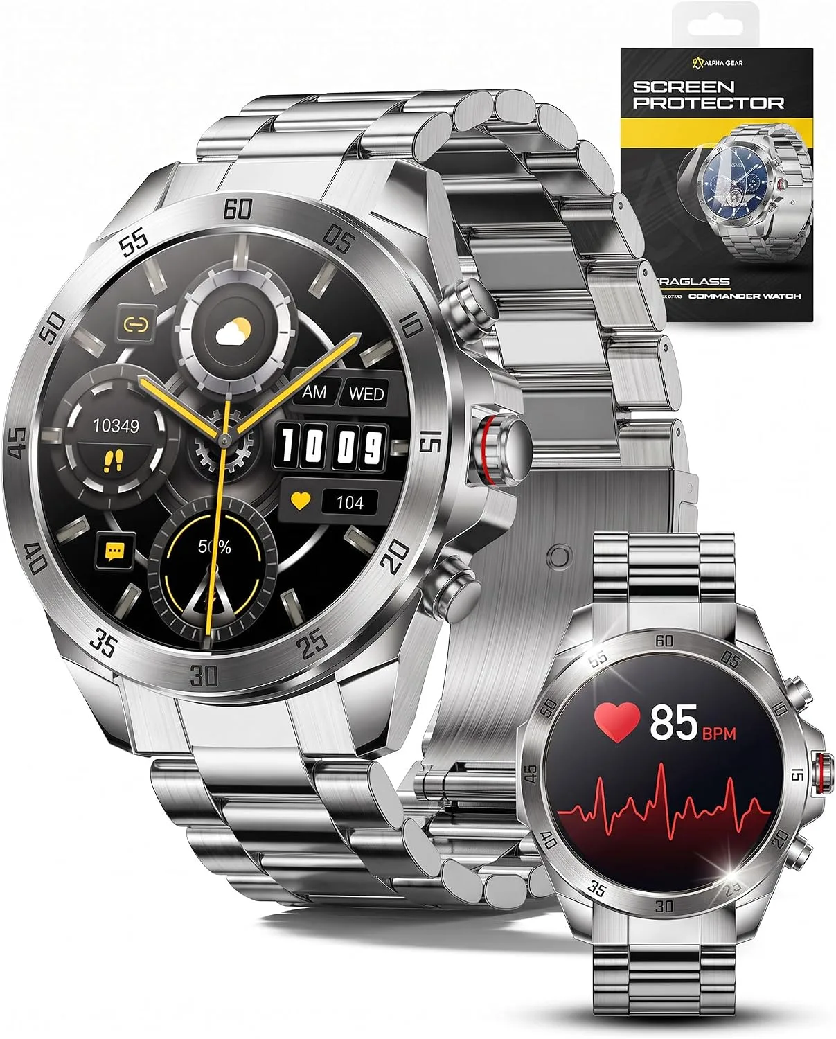 ALPHAGEAR Commander Smartwatch for Men, 1.43" AMOLED Large Screen, Full Metal Stainless Steel Smart Watch, 12-Day Battery, Bluetooth Calling, IP68 Water Resistant, for Android iPhone, Silver