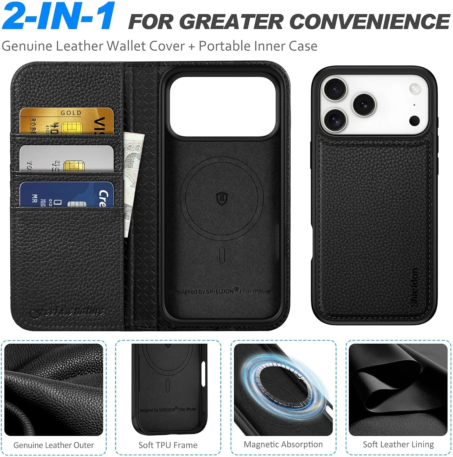 SHIELDON 2 in 1 Case Wallet for iPhone 18 Pro Max/17 Pro Max, Pebbled Black