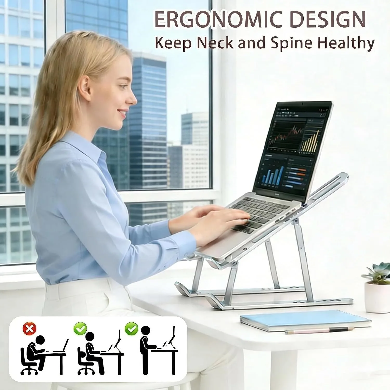 Ergonomic Foldable Computer Stand, 10-Level Height Adjustable Aluminum Laptop Stand, Compatible with 17.3 Inch Laptops, Tablets & Drawing Tablets, for MacBook, HP, Lenovo, Dell (Silver)
