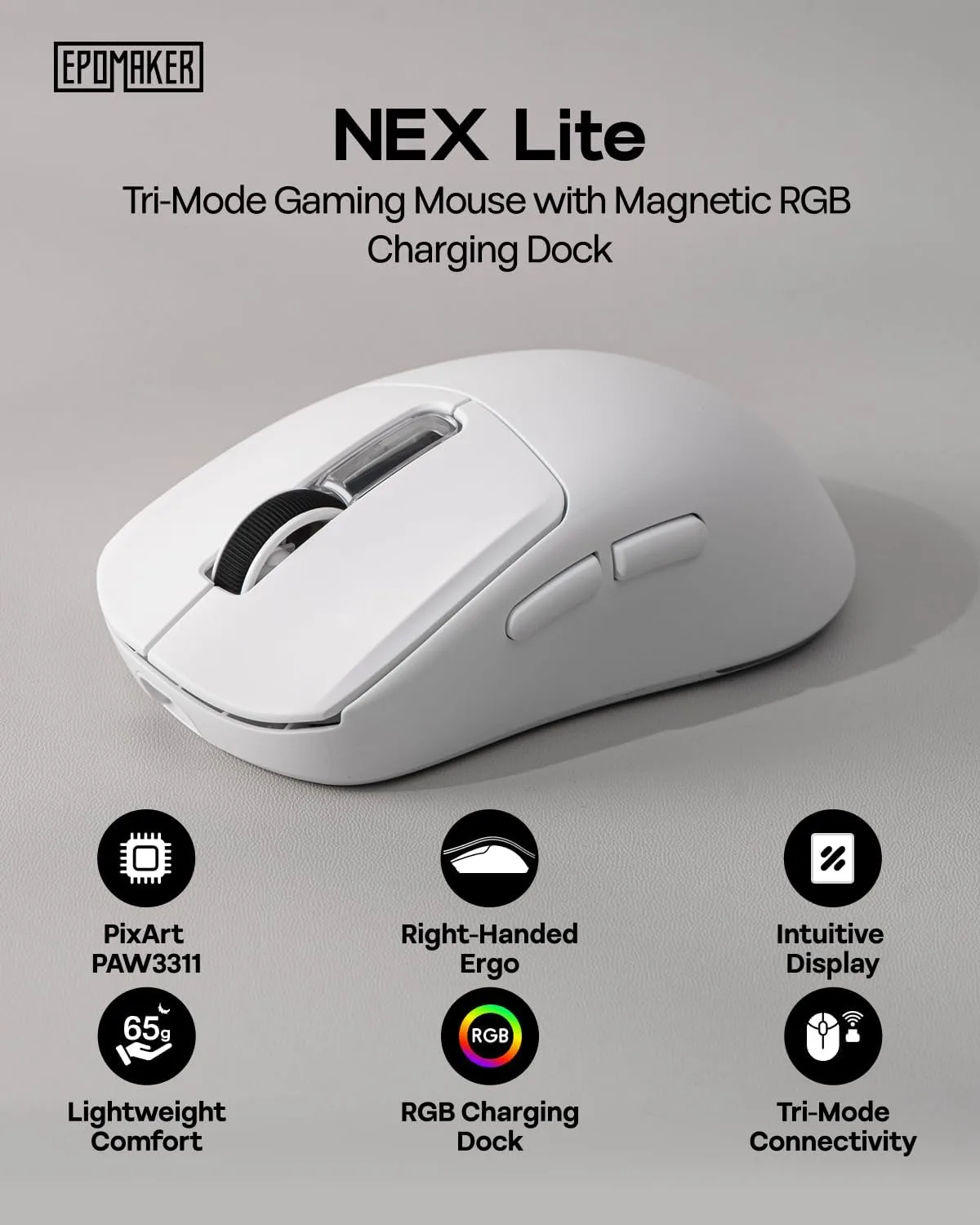 EPOMAKER NEX Lite Wireless Gaming Mouse w/Screens & RGB Charging Dock