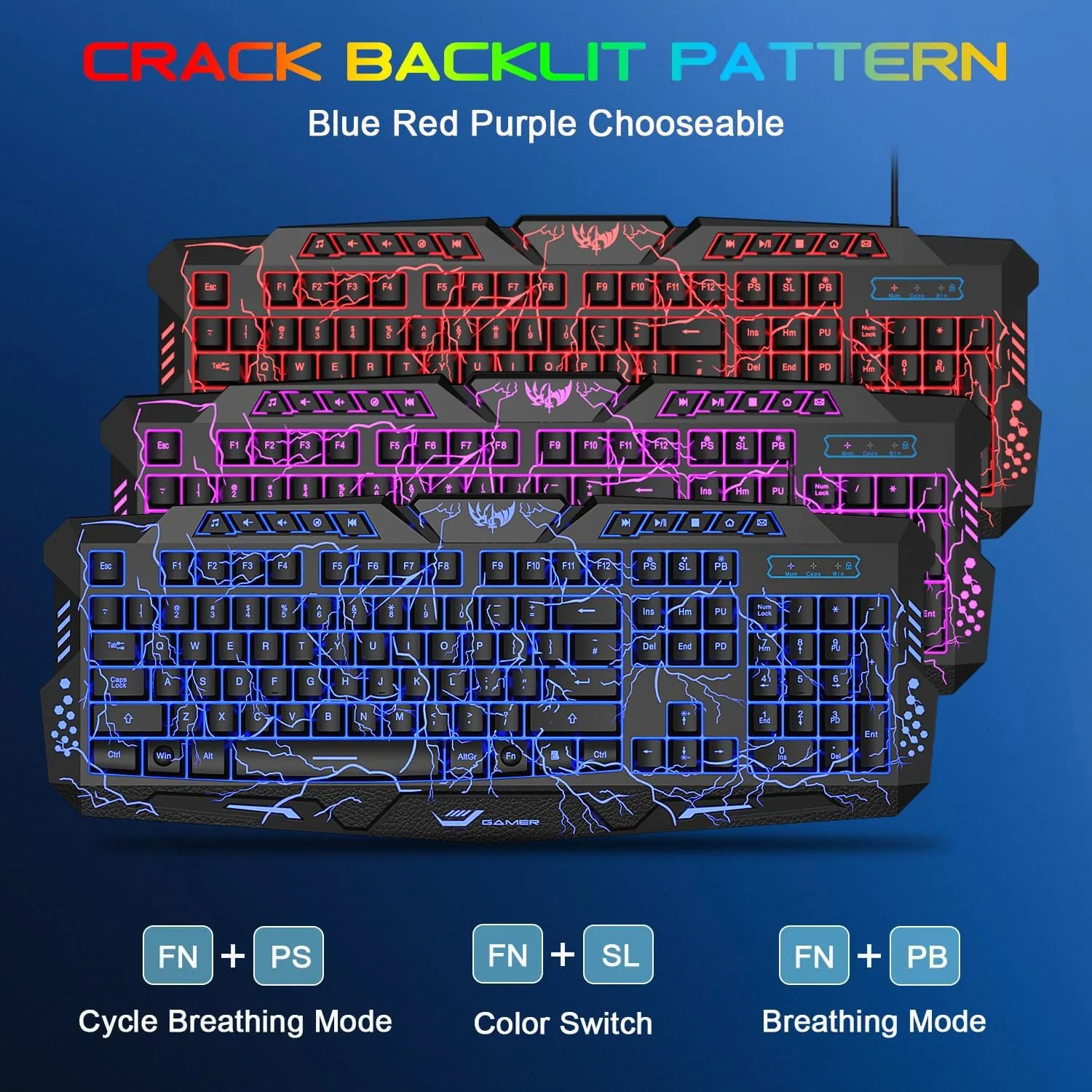 BlueFinger Backlit Gaming Keyboard, Mouse and LED Headset Combo - USB Wired 3 Color Crack Backlit, Blue LED Light Headset - Set for Work and Game