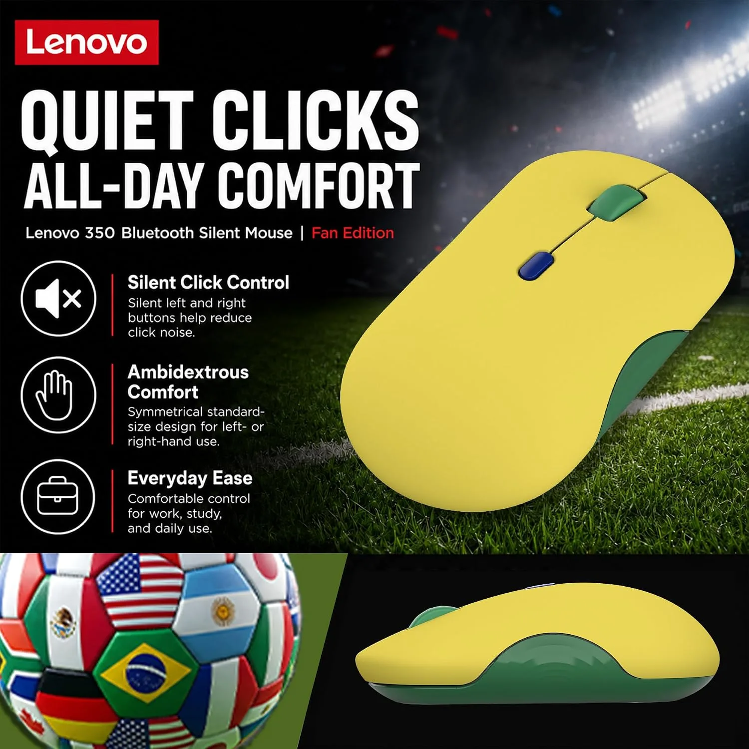 Lenovo 350 Bluetooth Silent Mouse (Fan Edition), Wireless Ergonomic Ambidextrous Design, Bluetooth 5.3, Adjustable DPI up to 2400, 36 Month Battery Life, Recycled Materials, Brazil Flag