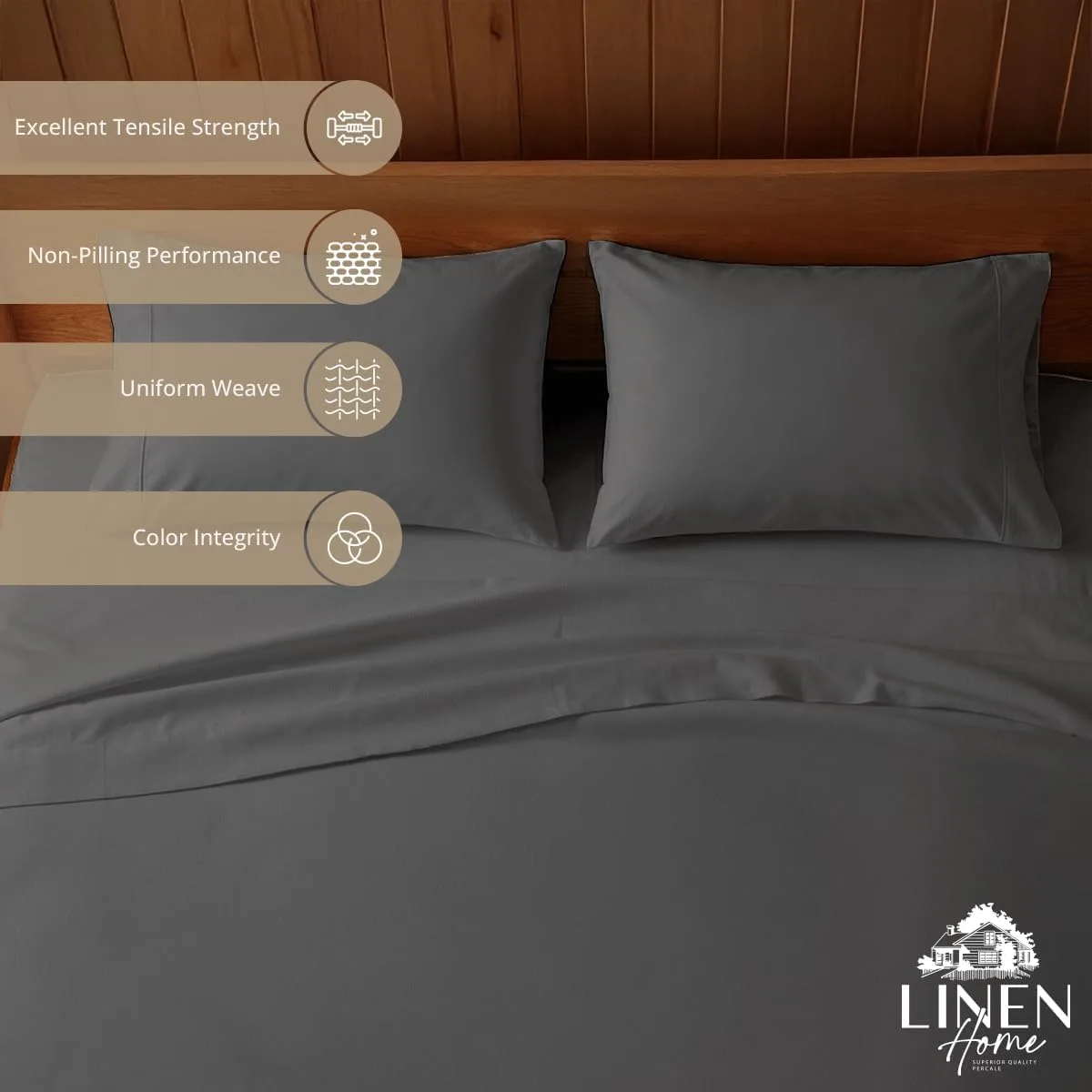Linen Home 100% Cotton Percale King Sheets, 4Pc Cooling Set Smoky Charcoal