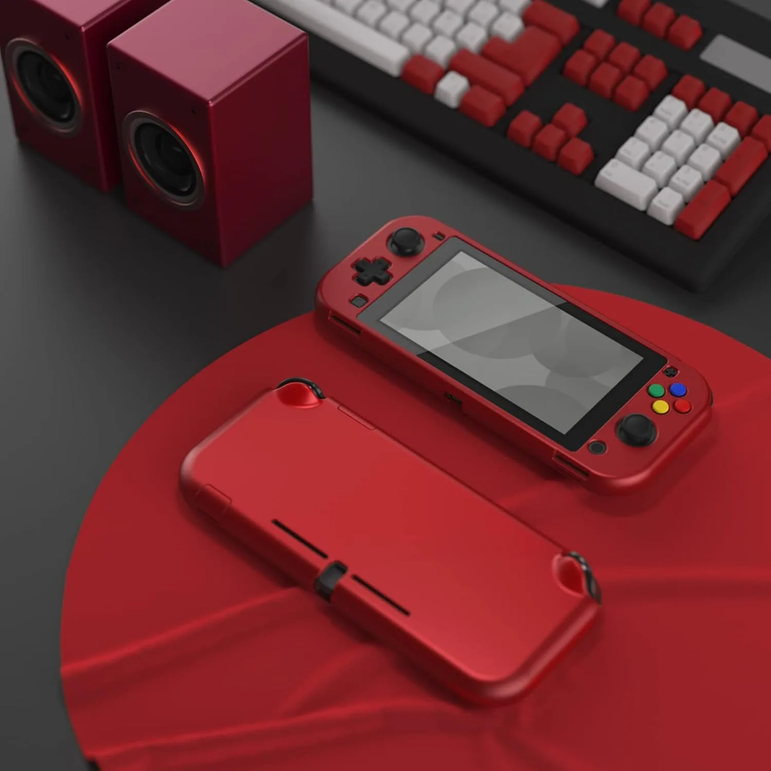 eXtremeRate PlayVital Customized Protective Grip Case for Nintendo Switch Lite, Scarlet Red Hard Cover Protector for Nintendo Switch Lite - 1 x Black Border Tempered Glass Screen Protector Included