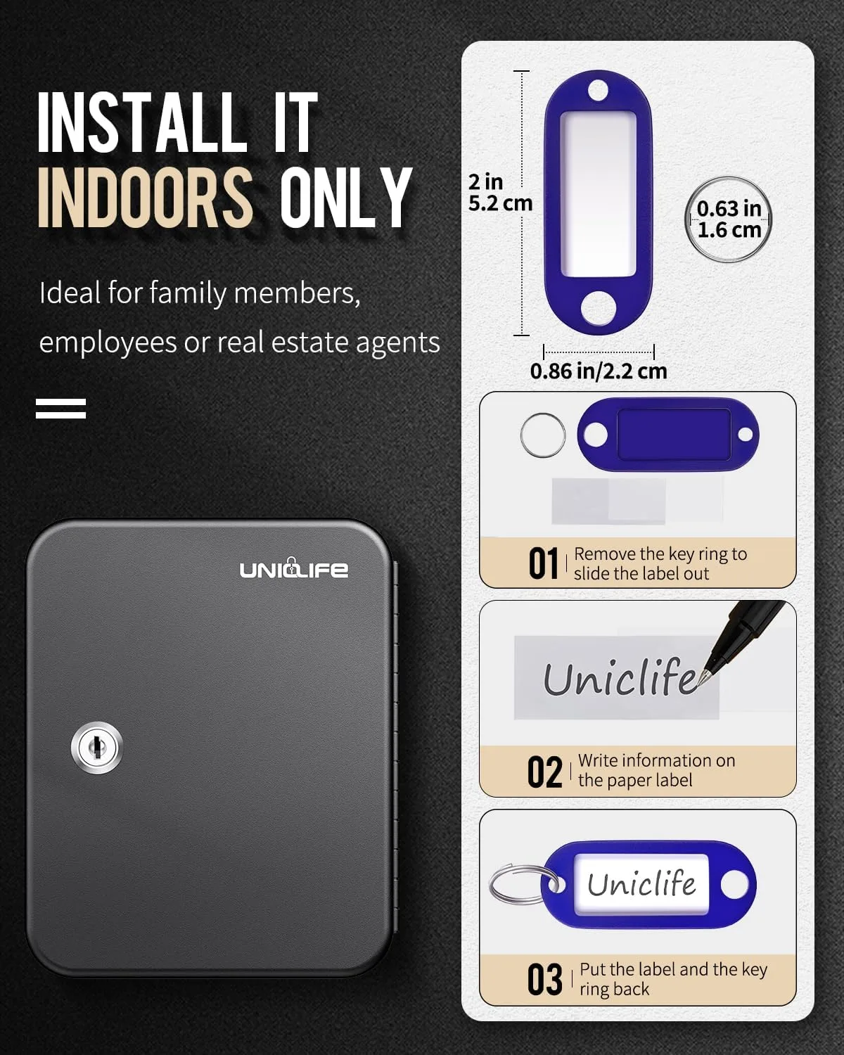 Uniclife 20 Position Key Cabinet with Key Lock Wall Mounted Black Security Storage Box Steel Key Organizer with Colorful Key Tag Labels Stickers and Hooks