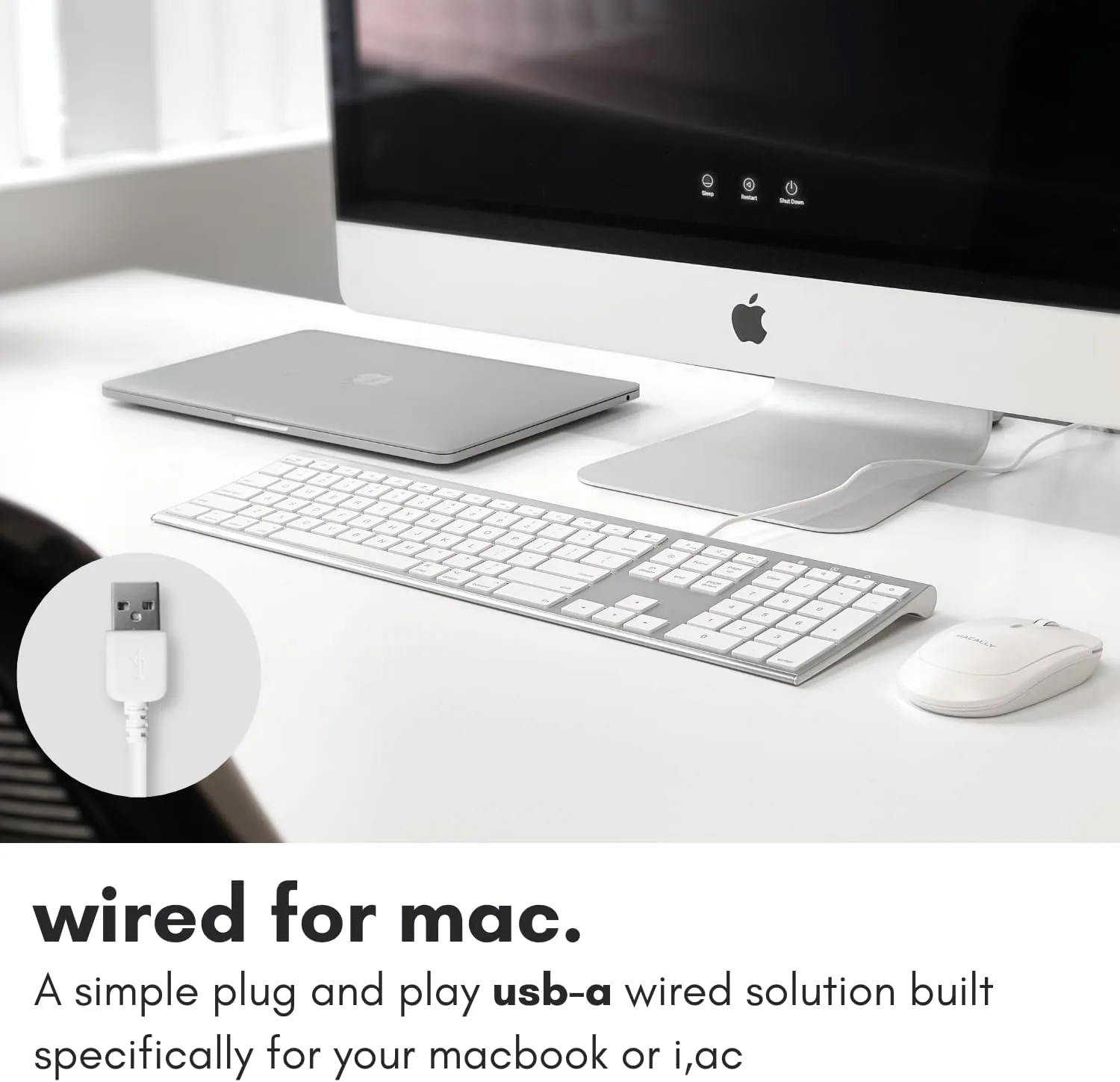 Macally Ultra Slim USB Wired Computer Keyboard - Compatible Apple Keyboard or Windows - Full Size with 20 Mac Keyboard Keys -with Numeric Keypad - Silver Aluminum Finish