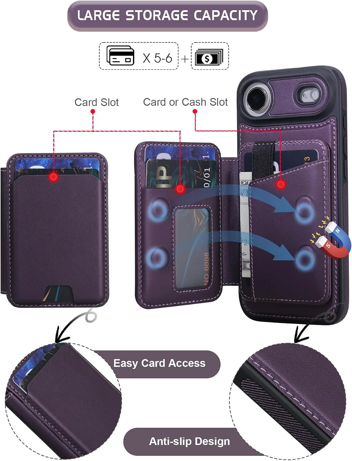Magnetic Detachable Wallet Case for iPhone 17 Air with Kickstand,2-in-1 MagSafe Compatible RFID Blocking Card Holder,Slim PU Leather Cover Purple