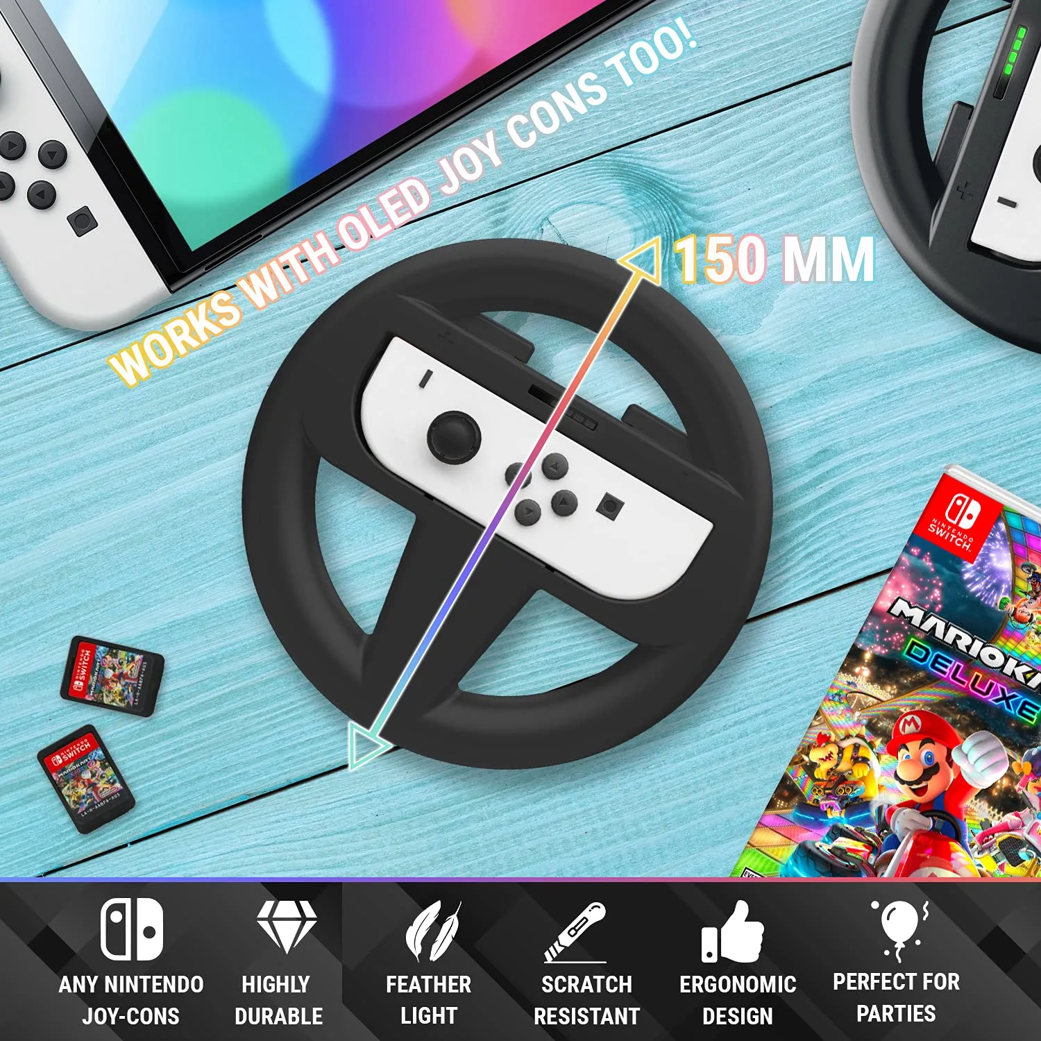 Orzly Steering Wheels for Nintendo Switch & OLED Console JoyCons, Racing Wheels for Mario Kart 8 Deluxe [Mariokart Switch Steering Wheel Joycon Controller Attachment Accessories]-TWIN PACK [2X Black]
