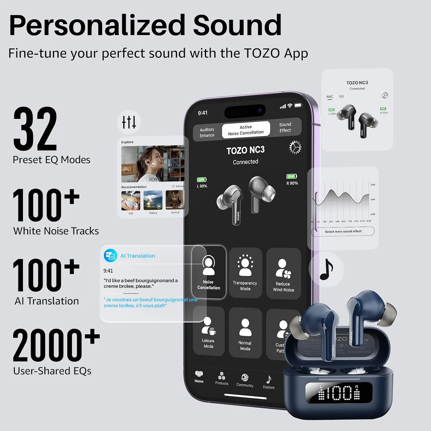 TOZO Hybrid Active Noise Cancelling in Ear Wireless Earbuds, 68H Playtime