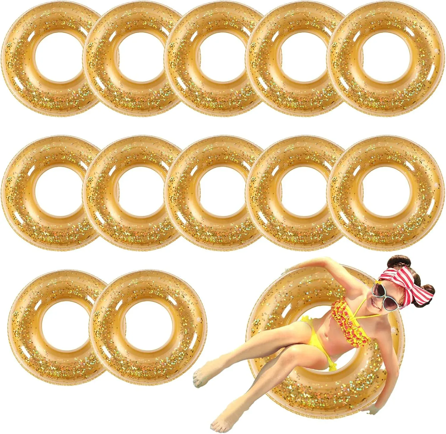 Relaxgiant 12 Pcs Pool Floats Glitter Swim Rings with Sequined, Gold
