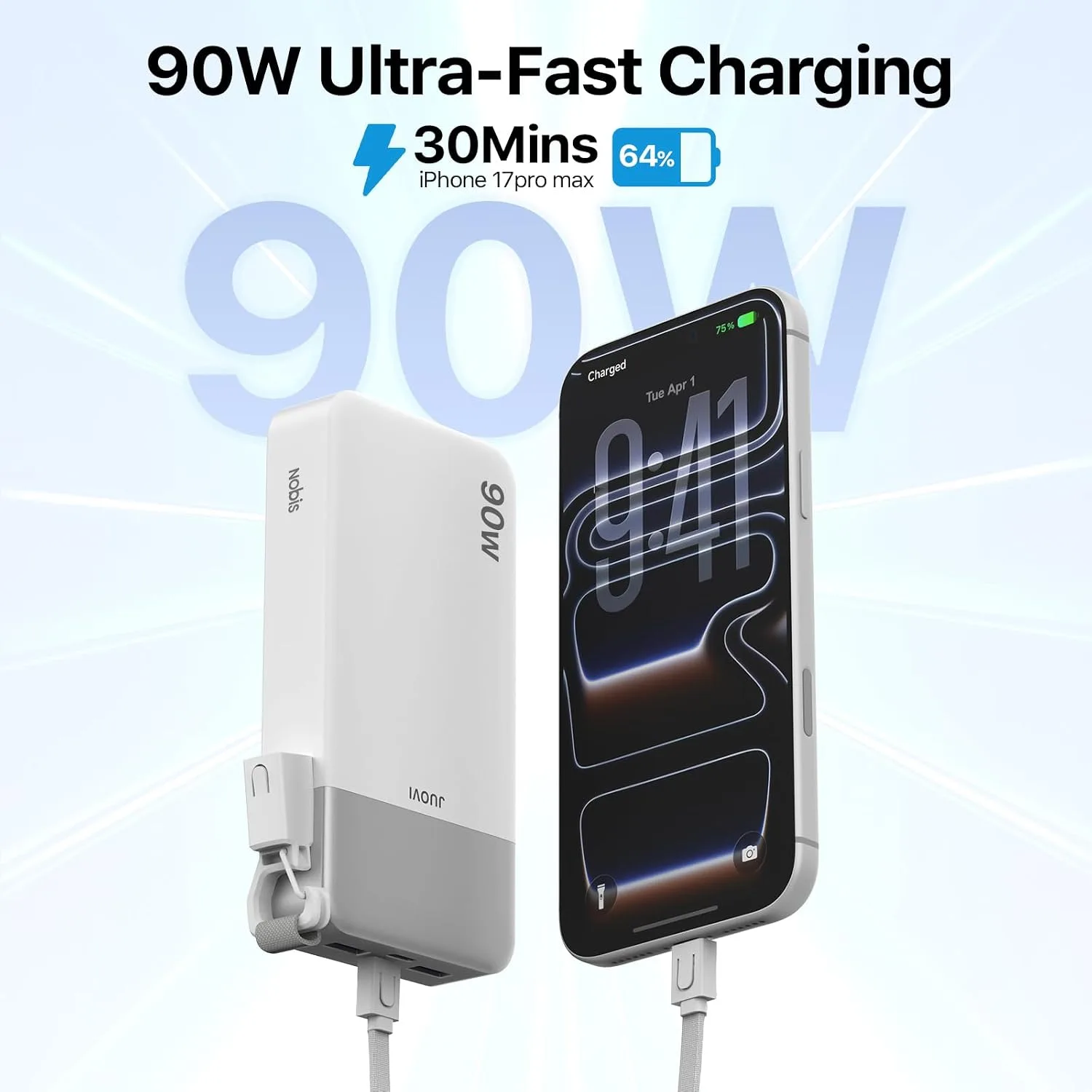 NOBIS Portable Charger 20000mAh 90W Power Bank w/Detachable Cable