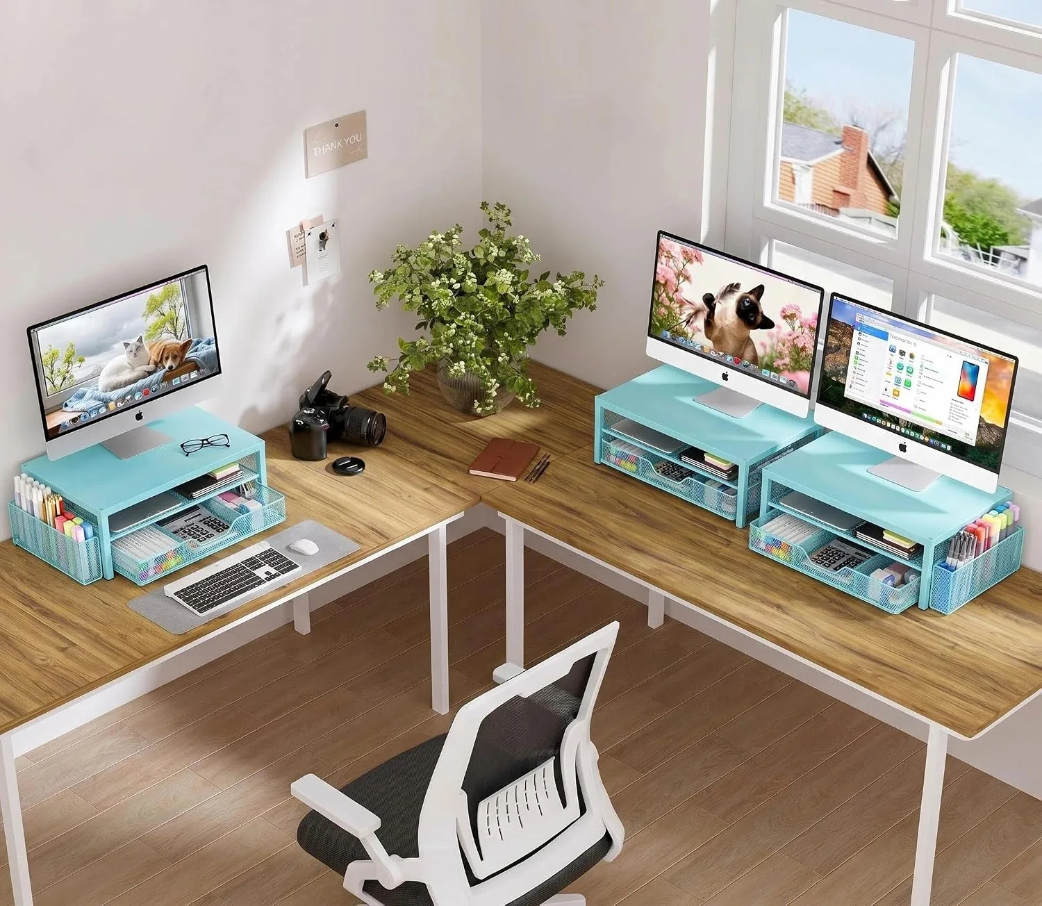 OPNICE Computer Monitor Stand Riser, Desk Organizer with Drawer, Printer & Laptop Stand, Office Desk Accessories & Workspace Desktop Organizers Storage for Office Supplies(Blue)
