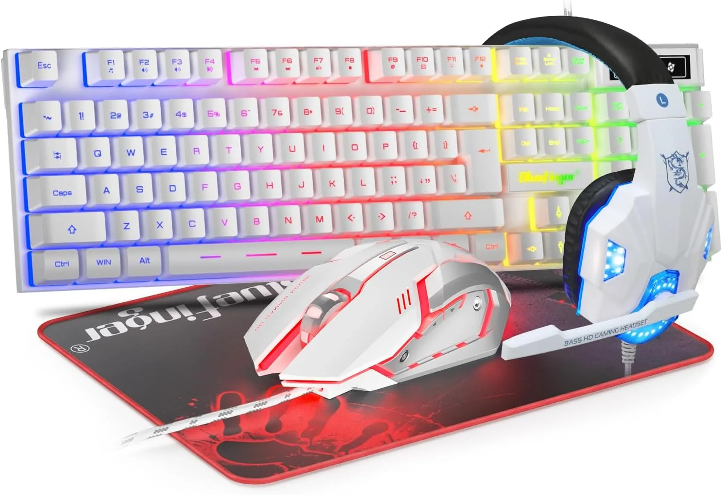 Kit de teclado, mouse y headset gaming BlueFinger RGB blanco con cable USB