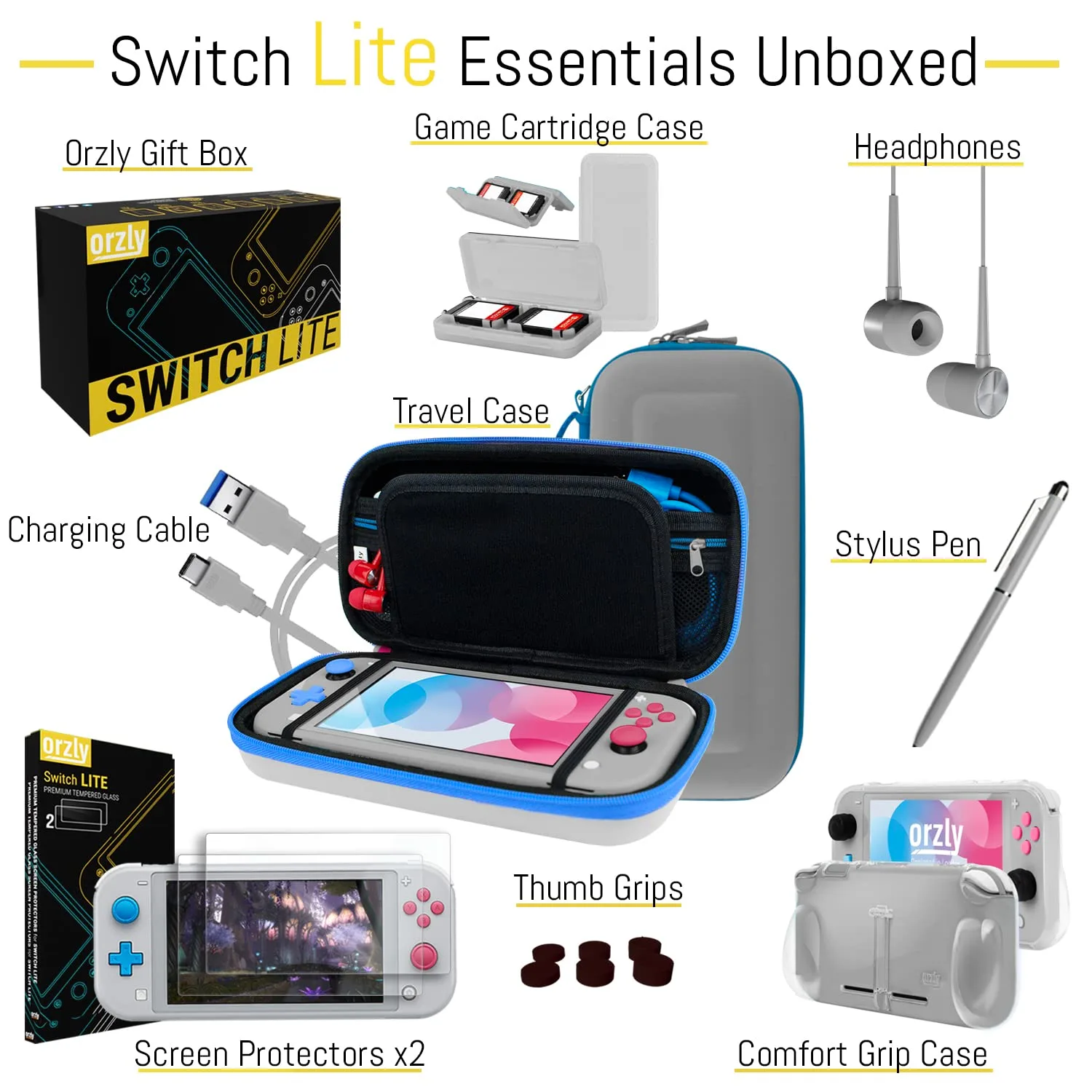 Orzly Switch Lite Accessories Bundle - Case & Screen Protector for Nintendo Switch Lite Console, USB Cable, Games Holder, Grip Case, Headphones, Thumb-Grip Pack & More (Gift Pack - Z&Z Edition)