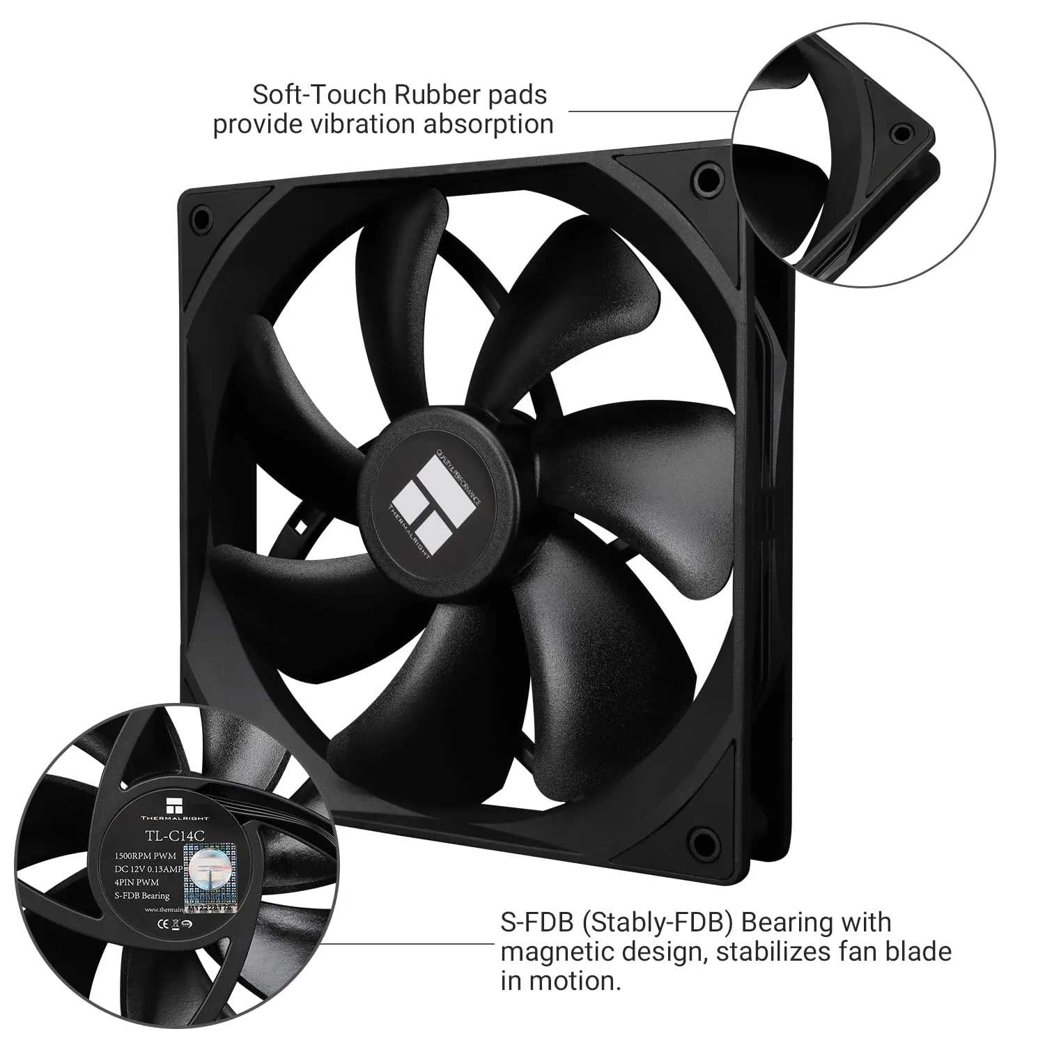 Thermalright TL-C14C CPU Cooling Fan 140mm, PWM Silent Computer Cooler With 1500RPM Speed, Black (TL-C14C)