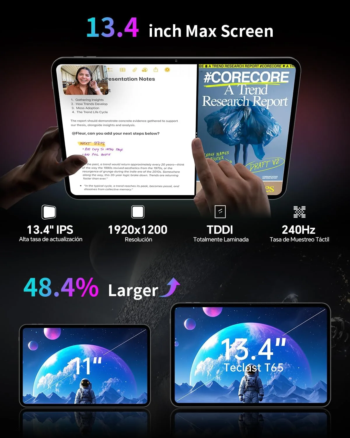 TECLAST 13.4 inch Android 15 T65 Tablet, 20GB+128GB, 120Hz 1920x1200 IPS Display, 2.2Ghz Octa-Core Processor, 8H Battery, Wi-Fi+4G LTE, GPS, 3.5mm Headphone Jack for Music Lovers