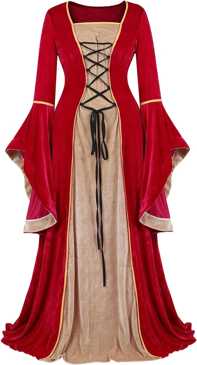 Lehauya Womens Renaissance Costume Dress Medieval Velvet Lace Up Faire Gown
