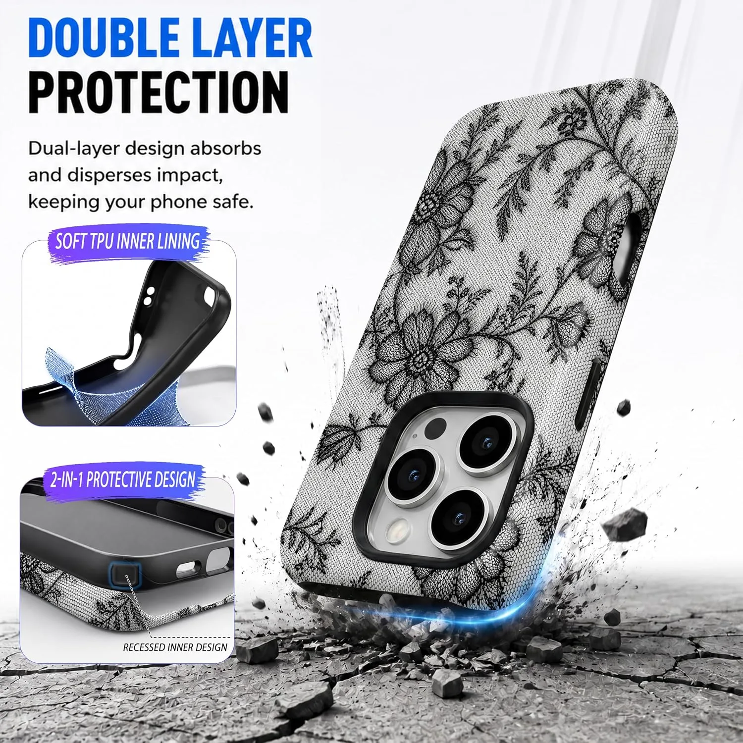 Magnetic for iPhone 16 Pro Black Lace Phone Case, Floral Flower