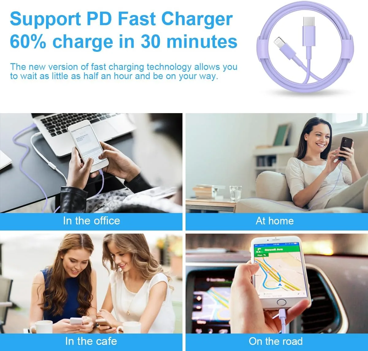 iPhone Fast Charger 3+3Pack 20W USB C Wall Charger with 6FT Fast Charging Cable Compatible with iPhone 14/13/12/11/Pro/Pro Max-Purple