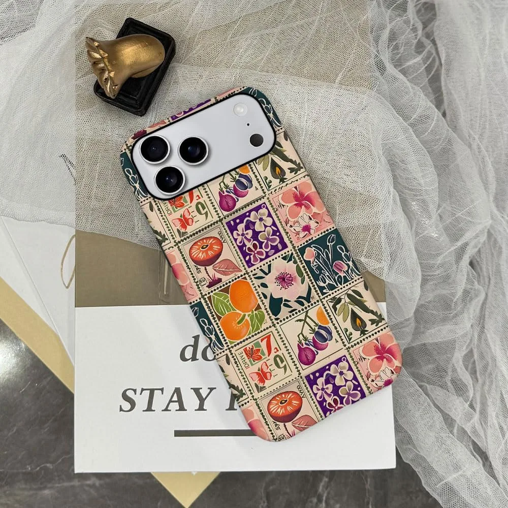 Case Compatible with iPhone 18 Pro Max/iPhone 17 Pro Max,Fall Prevention Hybrid 2-Layer Hard Shell Phone Cover for Girls Boys,Vintage Flower Orange Stamp Collage