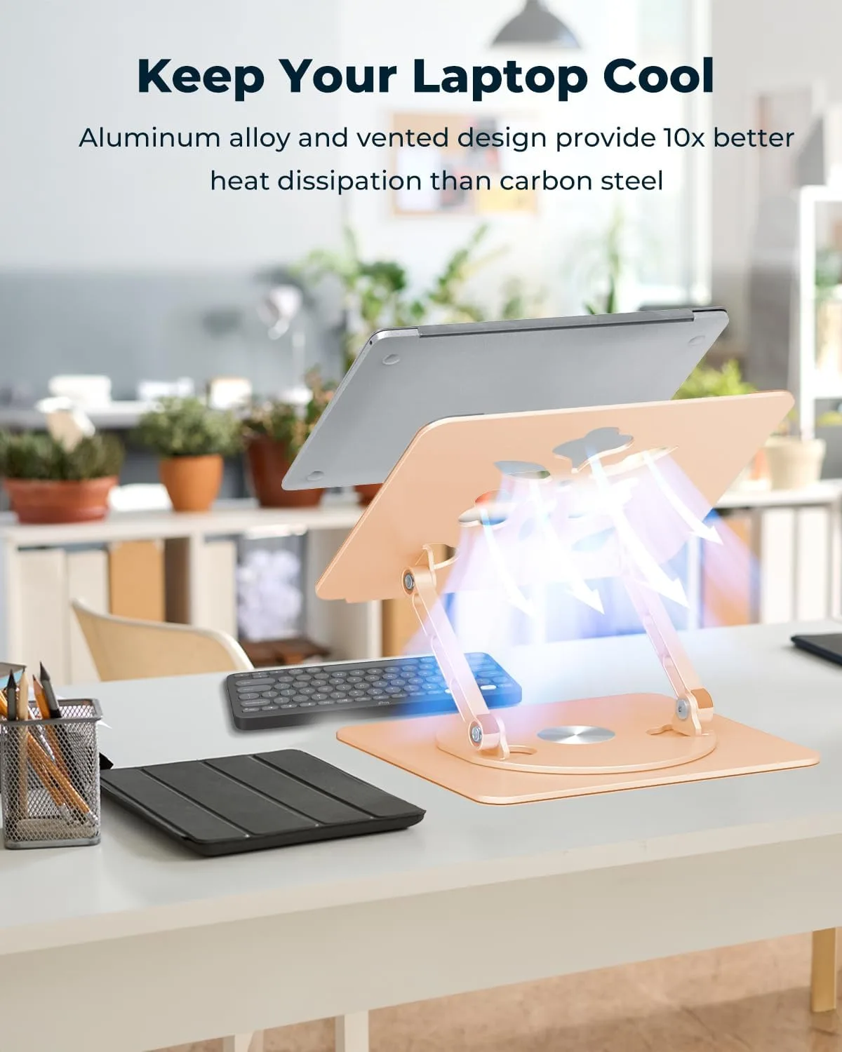 Aoviho 360° Rotating Laptop Stand for Desk | Adjustable, Foldable, Portable Aluminum Ergonomic Riser | Compatible with MacBook, Dell, HP & All Laptops 10-16 inch | Gold