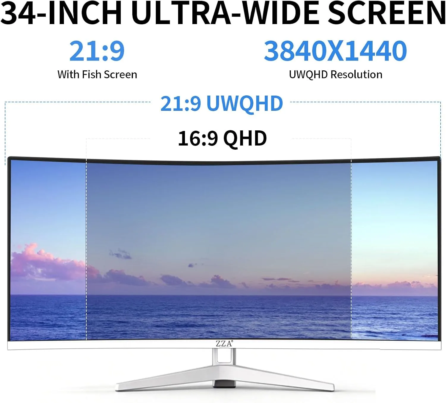 ZZA 34 Inch Ultrawide Curved Monitor Built in Speakers 4K Gaming Computer Monitor 100Hz, WQHD(3440x1440P) Curved 3800R 21:9 Ultra Wide PC Display, 130% sRGB, HDMI &DP, VESA Mount Compatible-White