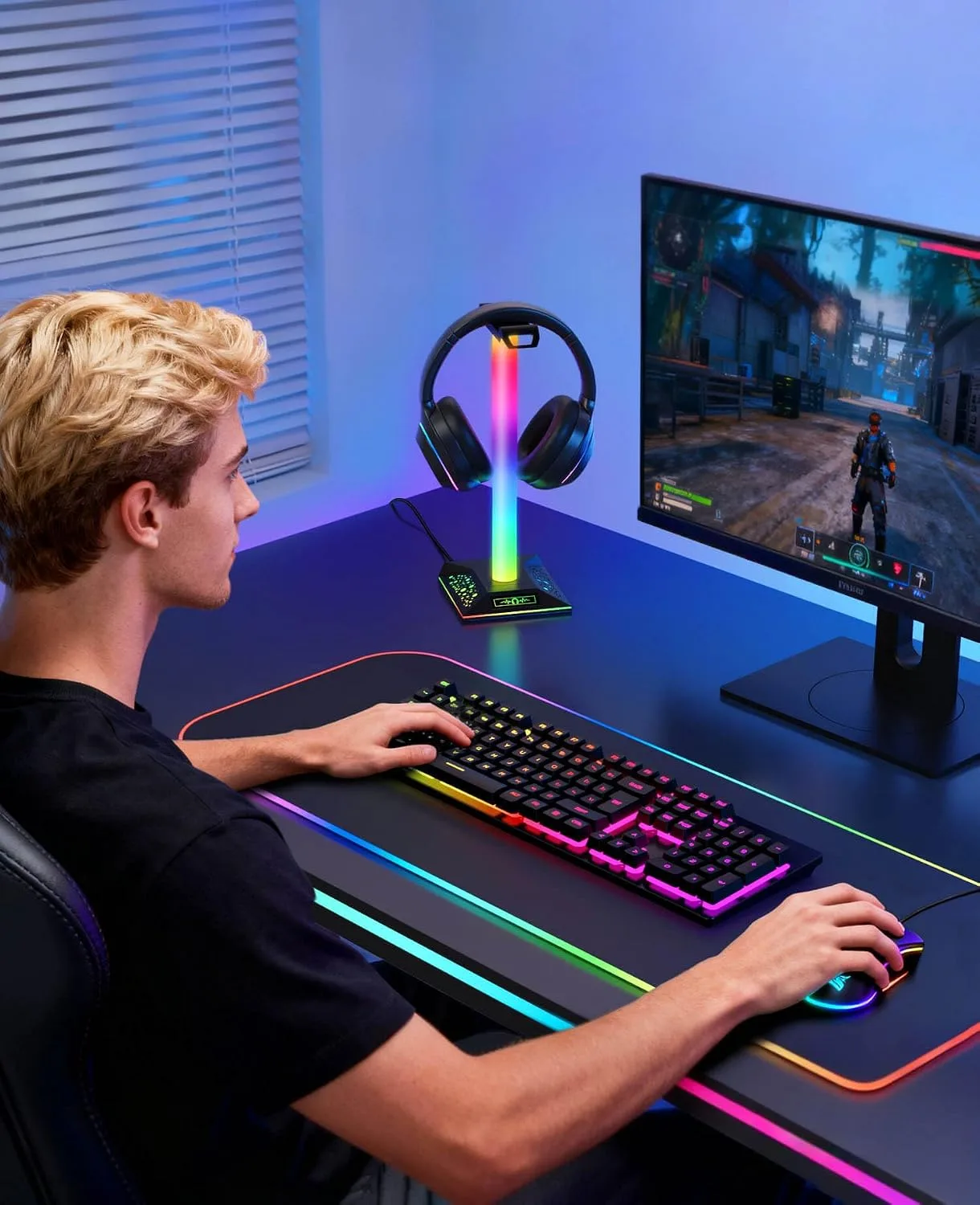 RGB Gaming Headset Stand, LED Headset Holder with 3 Charging Ports (2 USB & 1 Type-C) & 10 Lighting Modes, Headphone Stand Cool Stuff for Boys, Desk PC Gaming Accessories Gifts for Gamers Men Adult