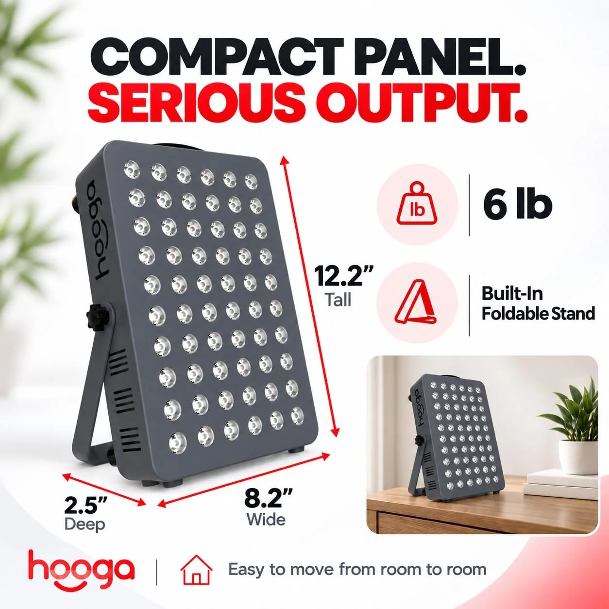 Hooga HG300 Red Light Therapy Panel, 660nm Red & 850nm Near-Infrared Light, 60 LEDs, Built-in Timer, Adjustable Stand for Home Wellness