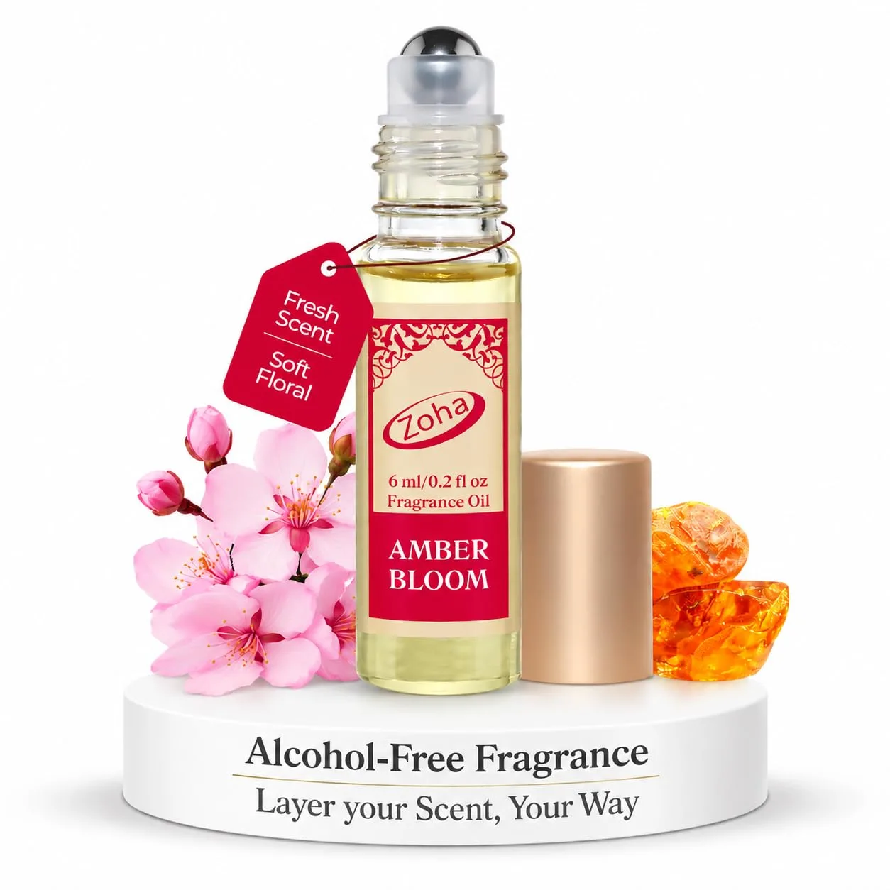 Zoha Amber Bloom Perfume Oil Roll On for Women & Men, Alcohol-Free 9ml