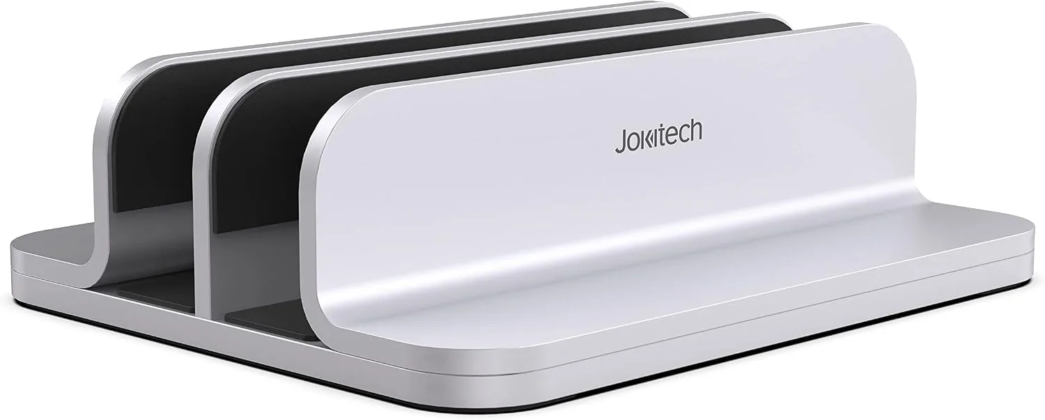 JOKItech Double Aluminum Laptop Vertical Stand Organizer, Sturdy Notebook Computer Holder Stand Compatible with New Liquid Retina XDR Apple MacBook Air/Pro/Neo, Mac mini, Apple TV & iPad Pro - Silver