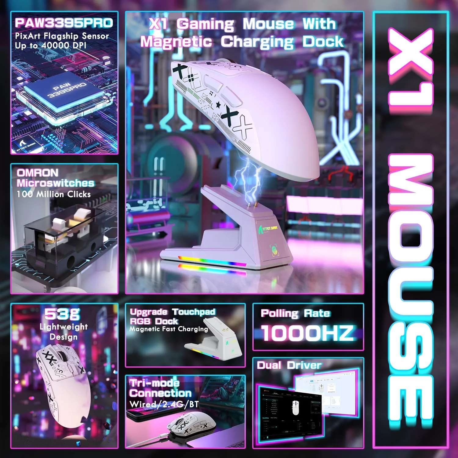 ATTACK SHARK X1 Ultralight Tri Mode Wireless 40000 DPI Gaming Mouse-White