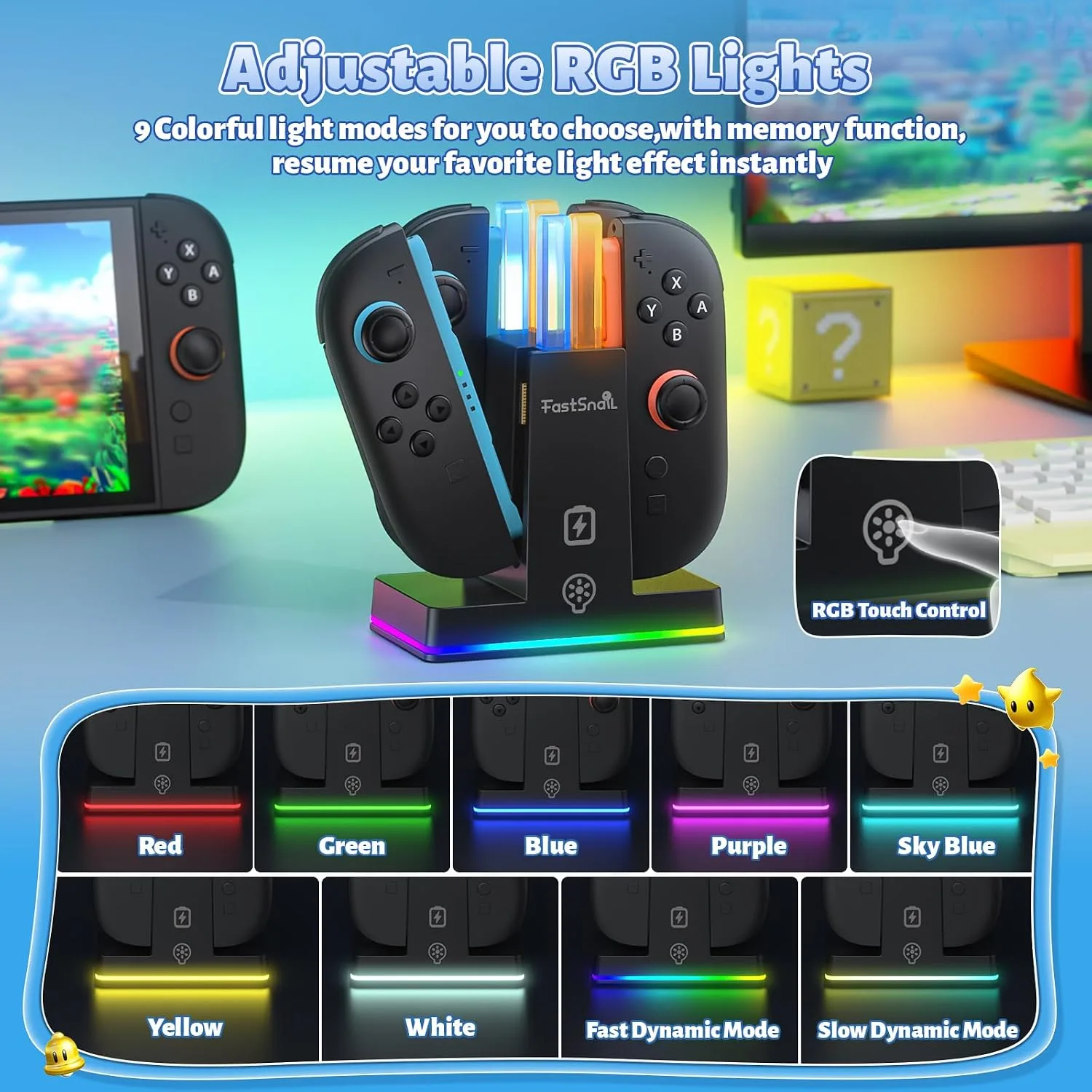 FASTSNAIL Charging Dock for Nintendo Switch 2(2025) for Joy-Con 2, Dual-Direction Magnetic Fast Controller Charger Station with 9 RGB Light & Charging Cable for Joycon 2 Stand Accessories