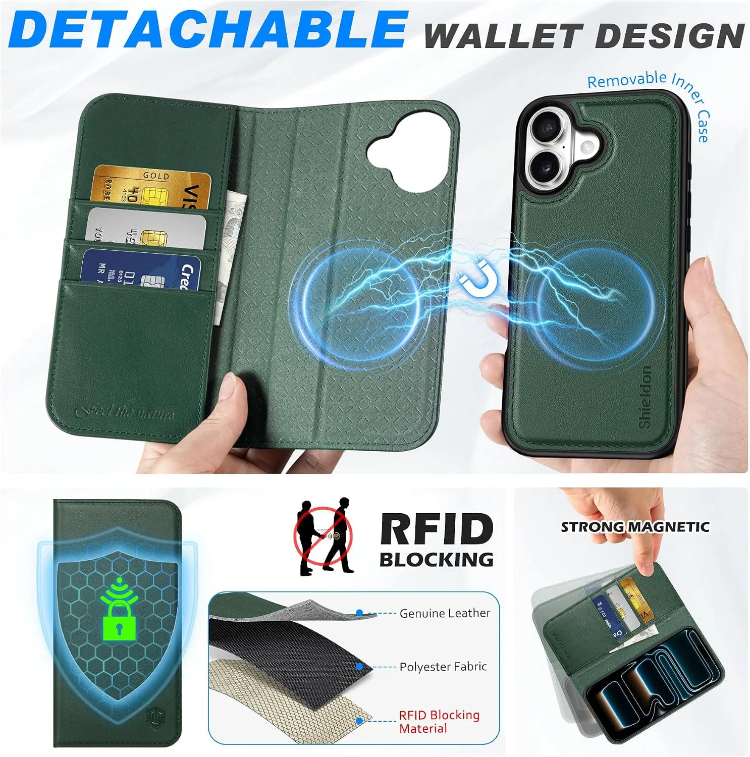 SHIELDON Detachable Leather Wallet Case for iPhone 17 6.3" 2025, Evergreen