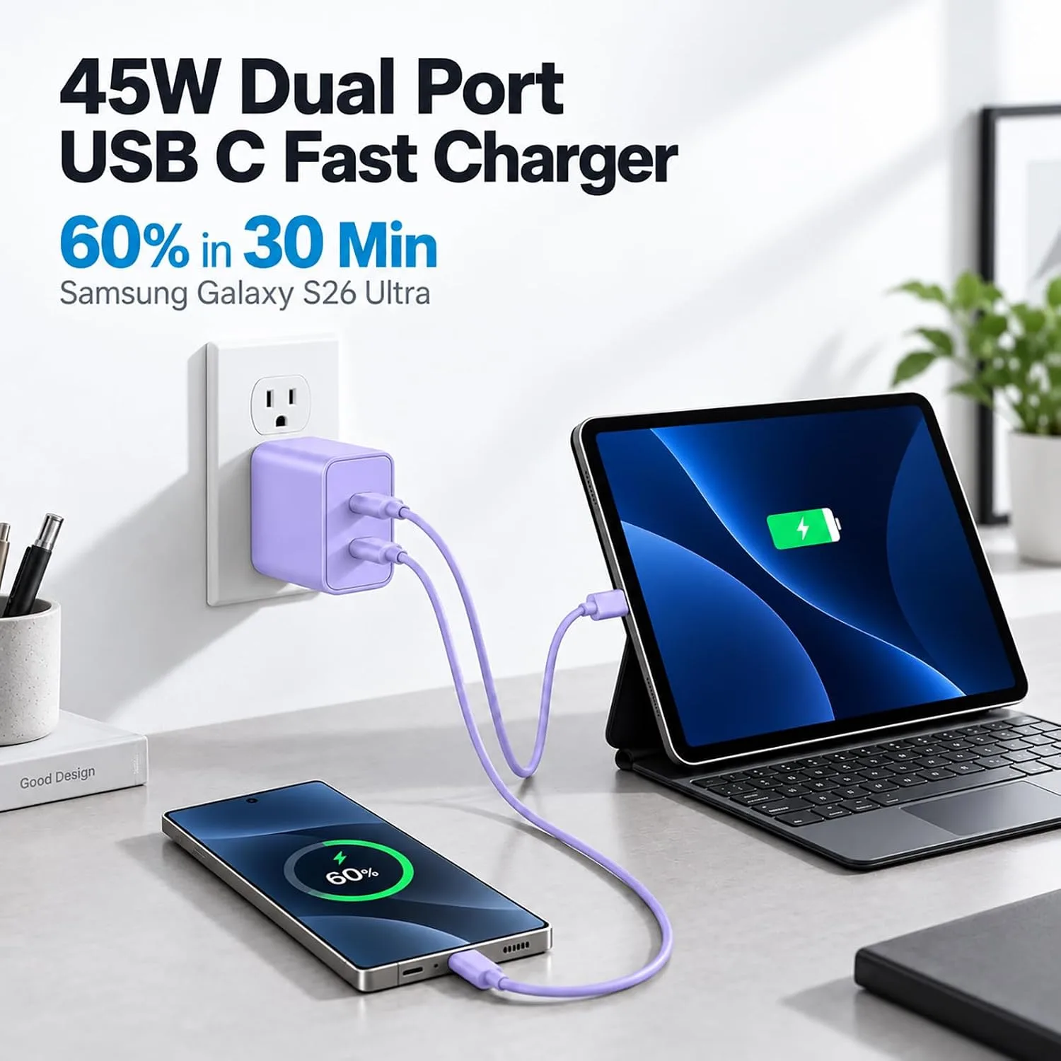 Super Fast Type C Charger for Samsung, 45W Dual Port USB C Charger