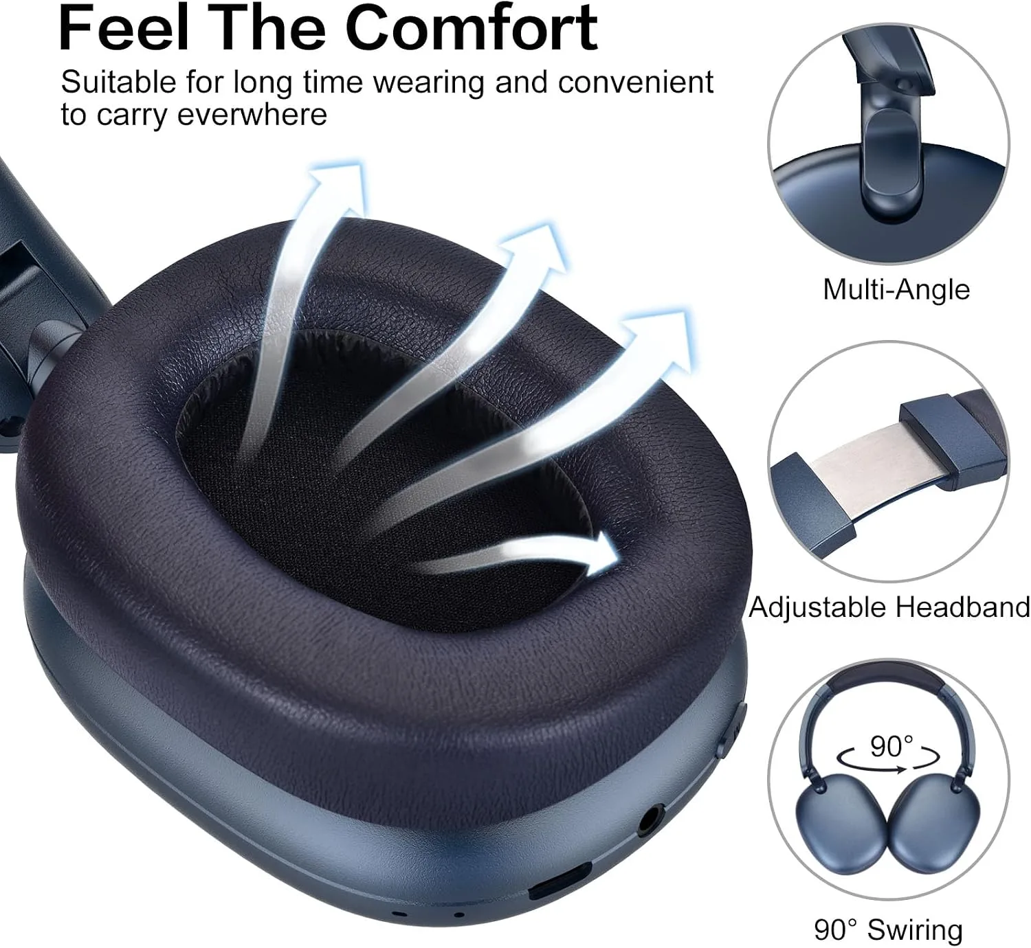 C6 Active Noise Cancelling Headphones, Wireless Over Ear Bluetooth Headphones, 60H Playtime, Lightweight Folding Comfort Fit Ear Cups Headset with Mic for iPad/Travel/PC/Home Blue