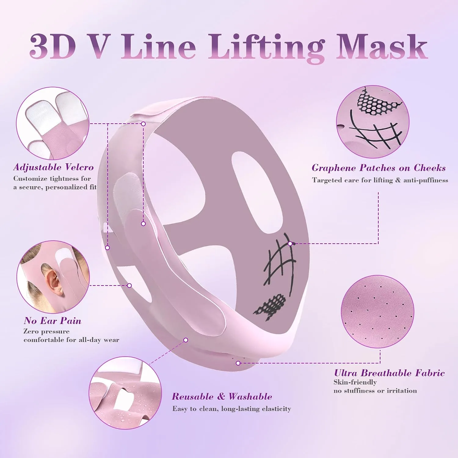 Graphene Chin Strap For Sleeping, Reusable V Line Lifting Mask & Double Chin Reducer with 3D Adjustable Design, Breathable Skin-Friendly Jawline Shaper Face Lift Belt for Women & Men (Lilac)