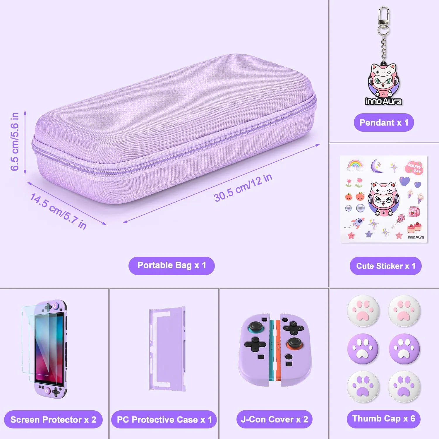 innoAura Switch 2 Case 14-in-1 Bundle for NS Switch 2 (2025), with Carrying Case, Protective Cover, Thumb Grips, Screen Protector, Cute Pendant and Sticker, Purple