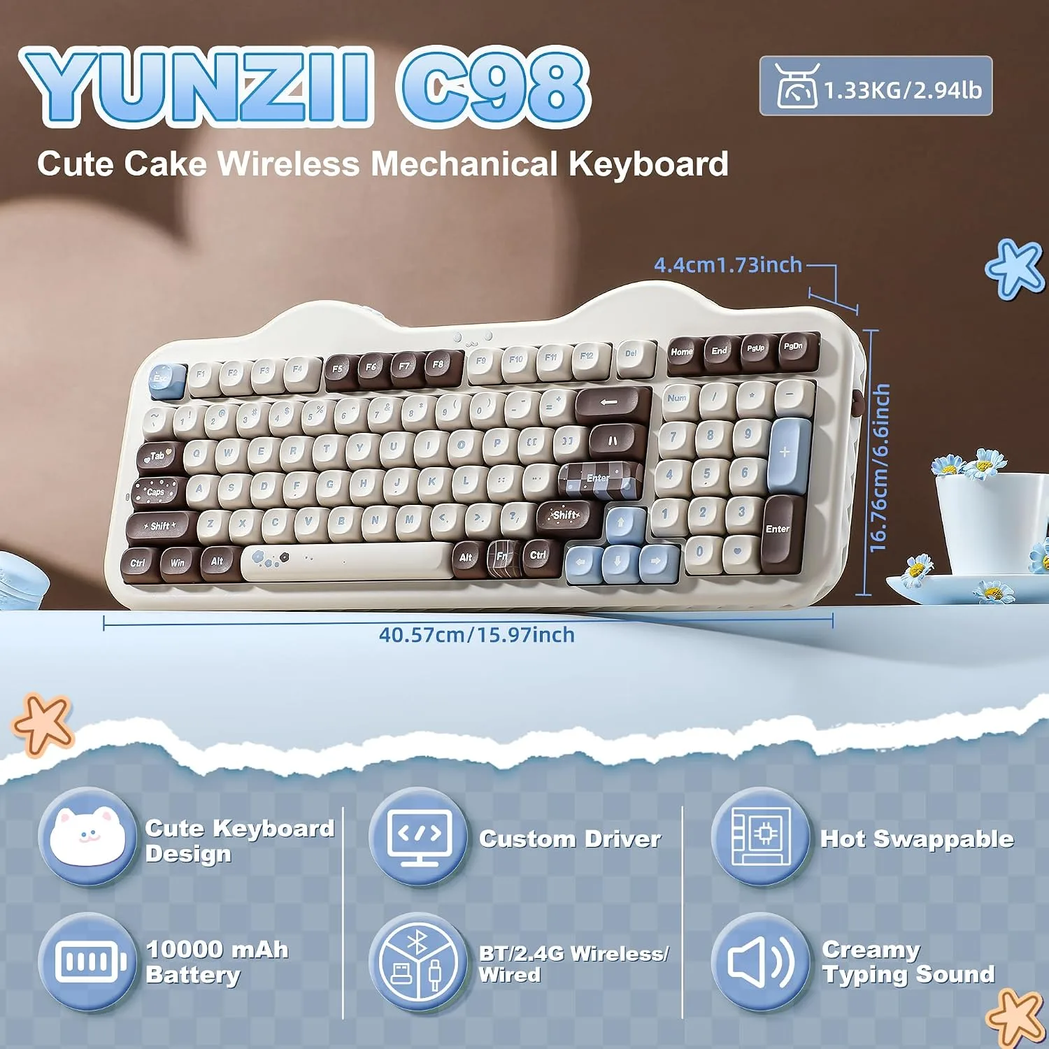YUNZII C98 Cute Cake Wireless Mechanical Keyboard(Choco, Candy Switch)