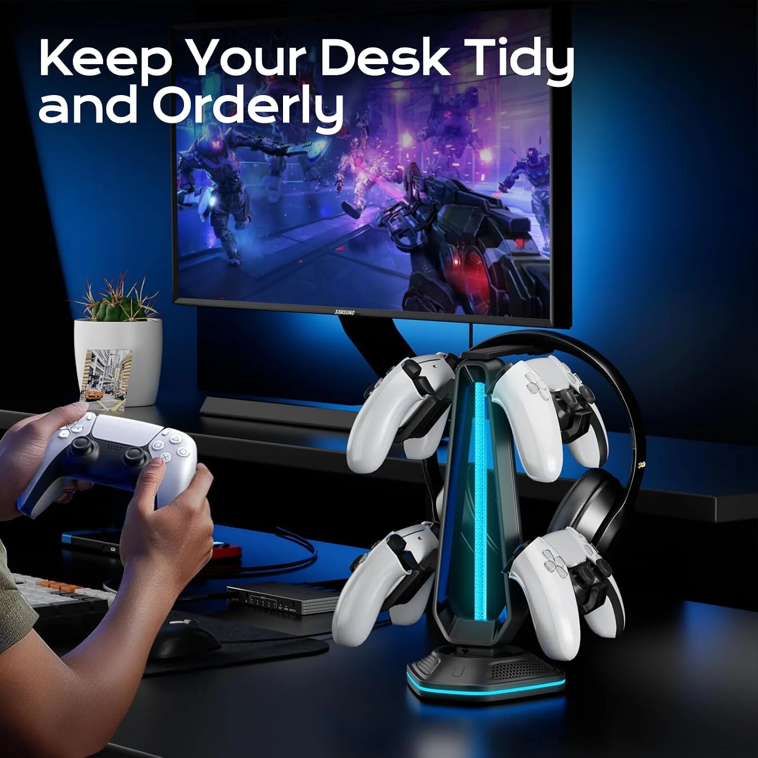Saitake RGB Controller Stand, Gaming Controller Holder with 9 Light Modes, 2 USB Charging Ports, Headset Stand, Desk Organizer for Xbox PS5 PS4 Switch PC, 4 Controllers & 1 Headphone (Black)