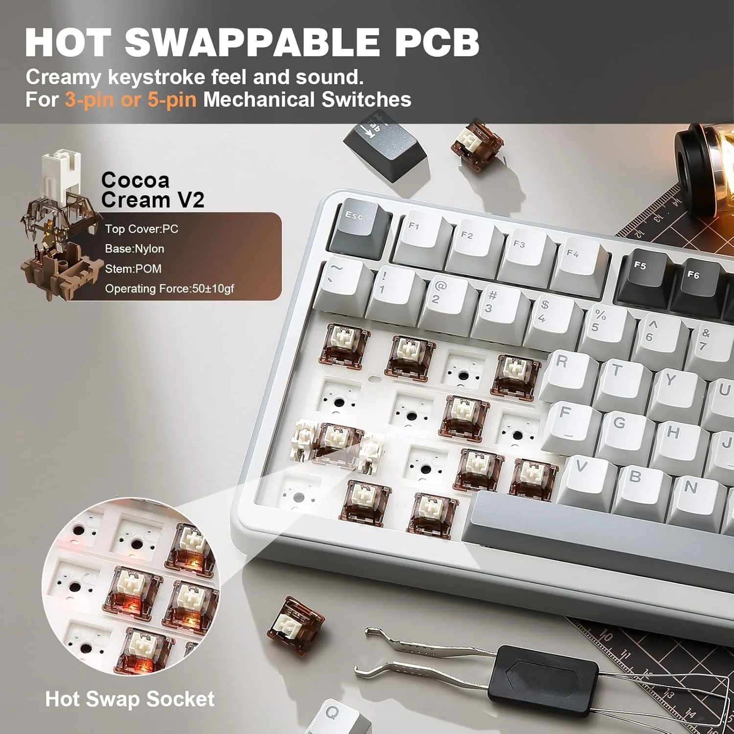 YUNZII B75 PRO 75% Wireless Mechanical Keyboard (Grey, Cocoa Cream V2)