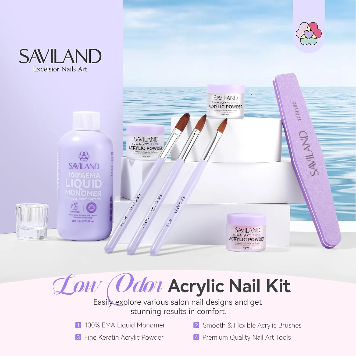 SAVILAND Acrylic Nail Kit for Beginners with Everything, Clear White Pink