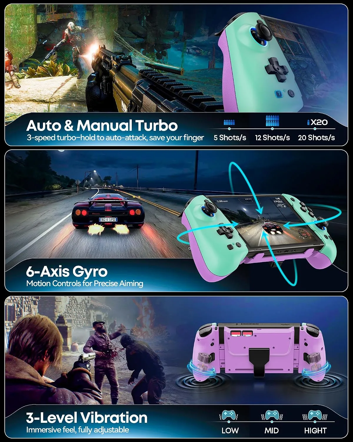 OIVO Switch 1/2 Controller for Original/OLED/Switch 2 Console, Stretchable Switch Handheld Joypad Ergonomic Grip for NS Pro Controller with RGB Light, TMR Joystick, Turbo, 4 Macro, Green & Purple