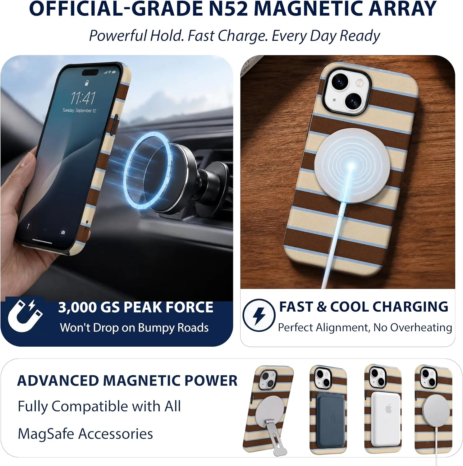 Magnetic for iPhone 15 Brown Horizontal Striped Phone Case Stripes