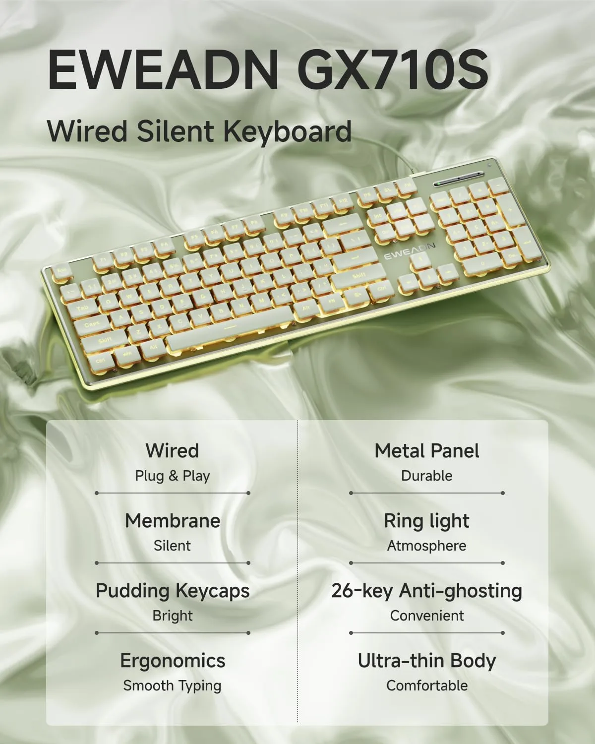Wired Keyboard with Warm Backlit, Never Fade, Soft Click Typing, Green