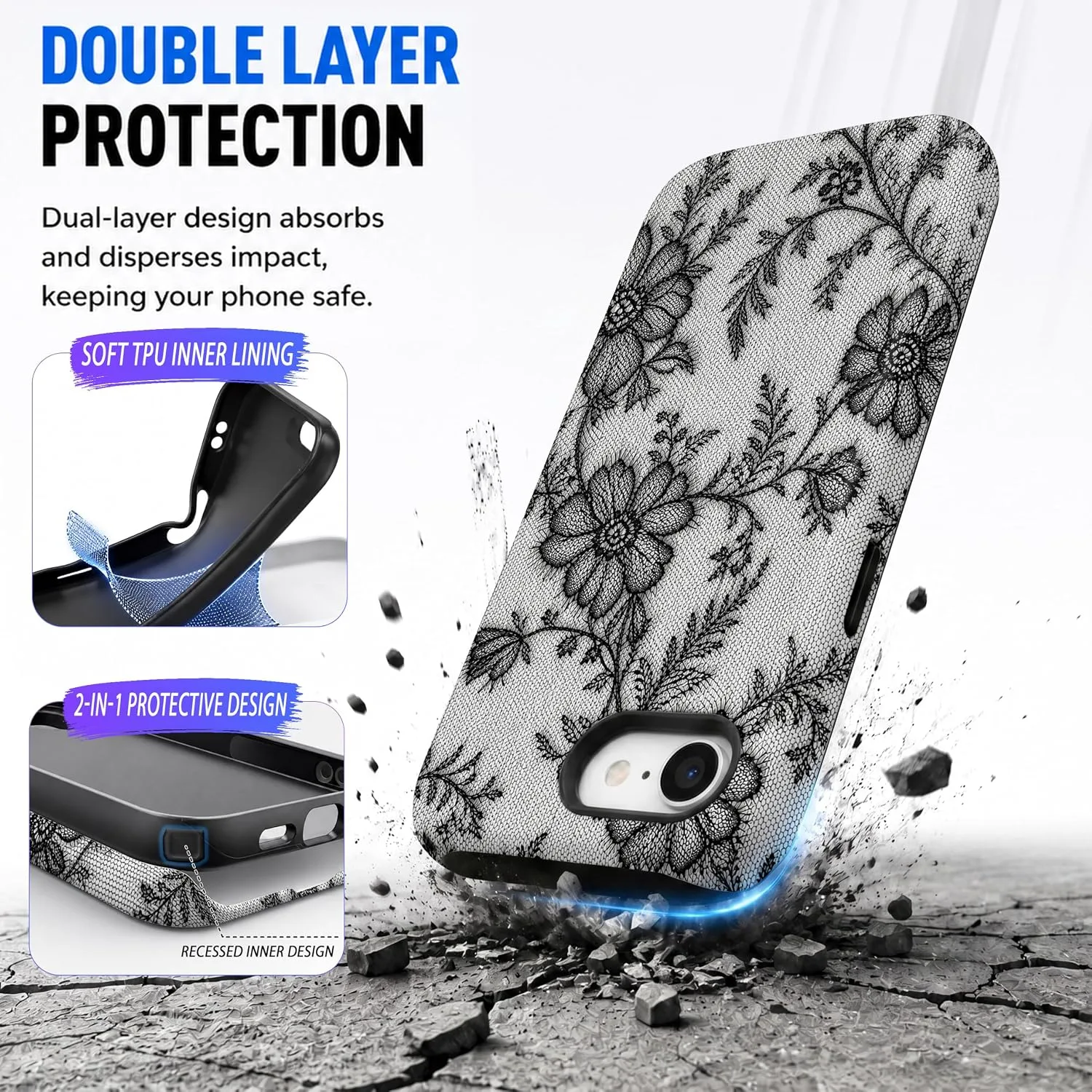 Magnetic for iPhone 16E/17E Black Lace Phone Case, Floral Flower