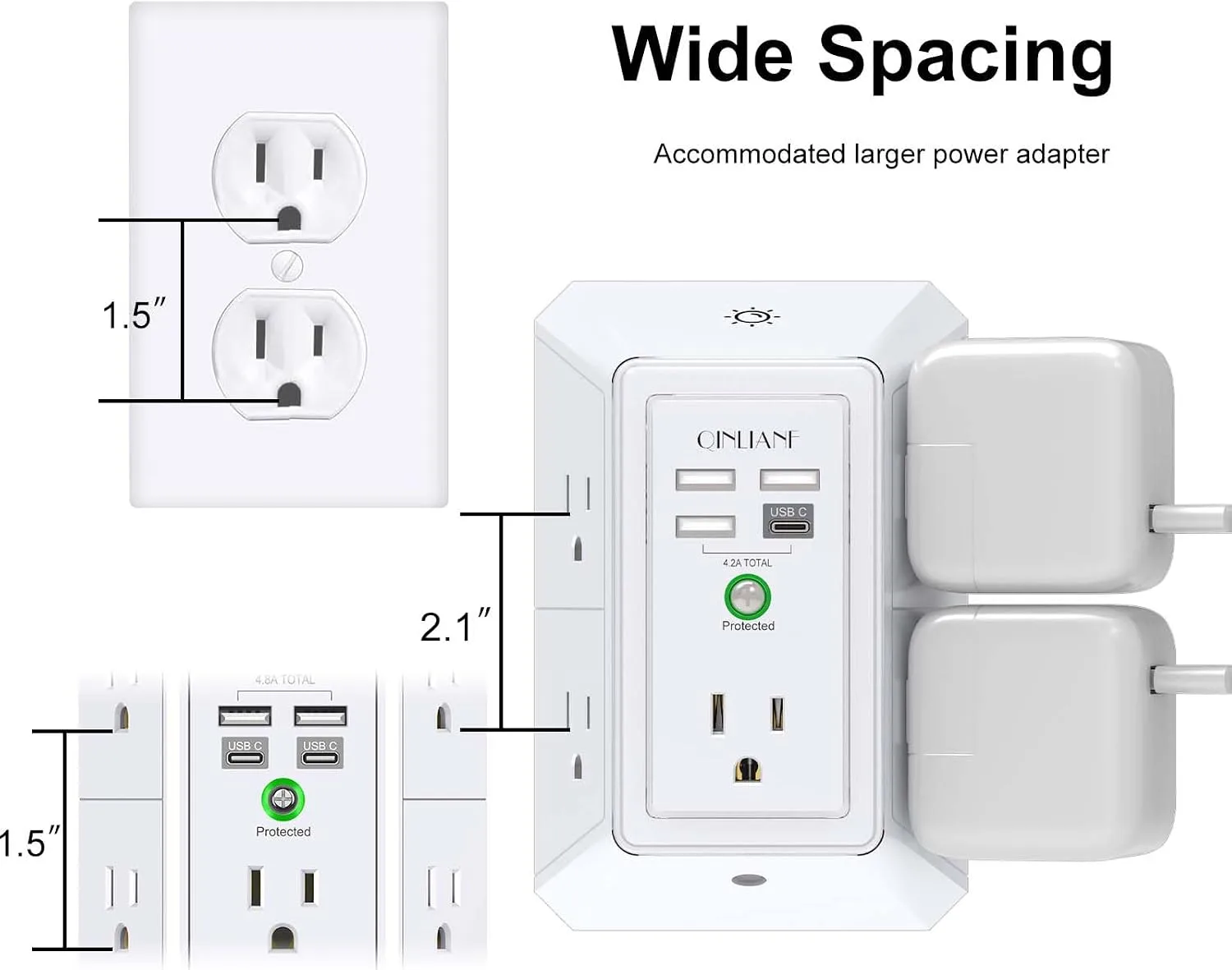 Wall Charger, Surge Protector, QINLIANF 5 Outlet Extender with 4 USB Ports